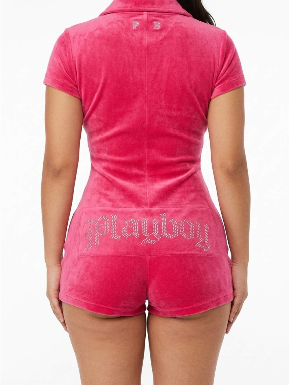 PLAYBOY Hot Pink Velour Zip-Front Romper - Picture 3 of 3